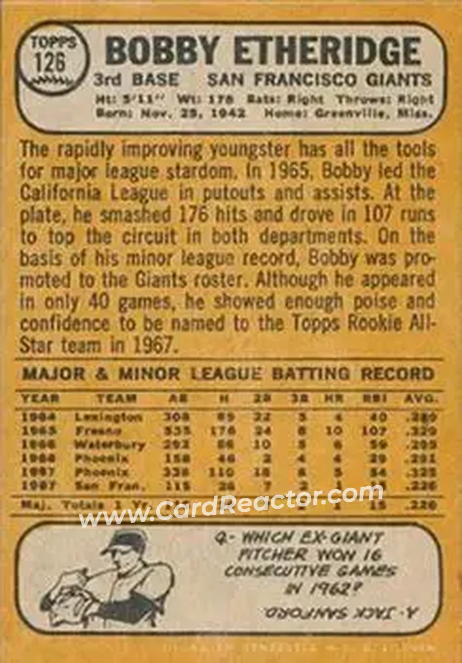 1968 Topps Venezuelan #126 - Bobby Etheridge - San Francisco Giants - Back
