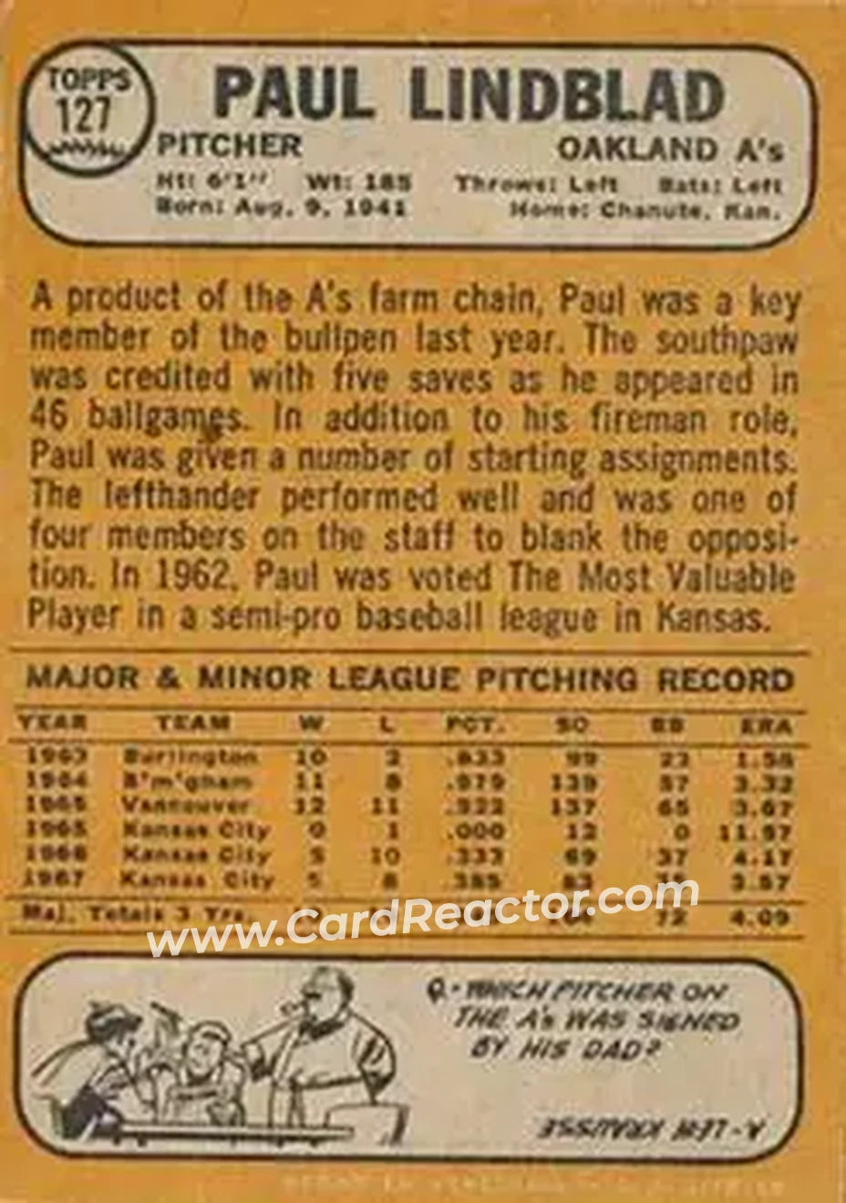 1968 Topps Venezuelan #127 - Paul Lindblad - Oakland Athletics - Back