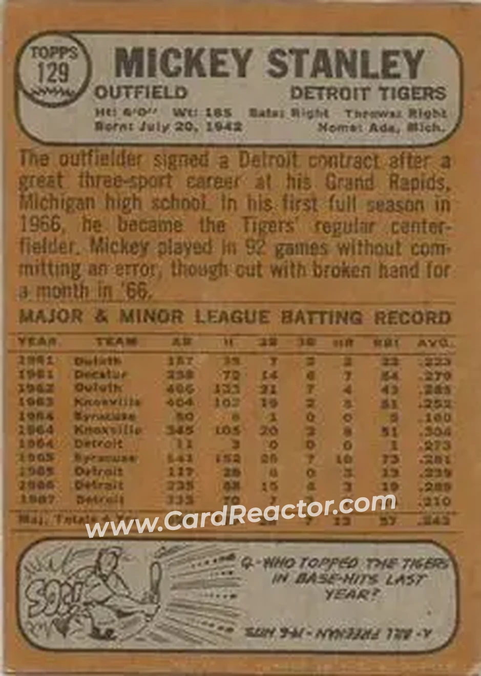1968 Topps Venezuelan #129 - Mickey Stanley - Detroit Tigers - Back