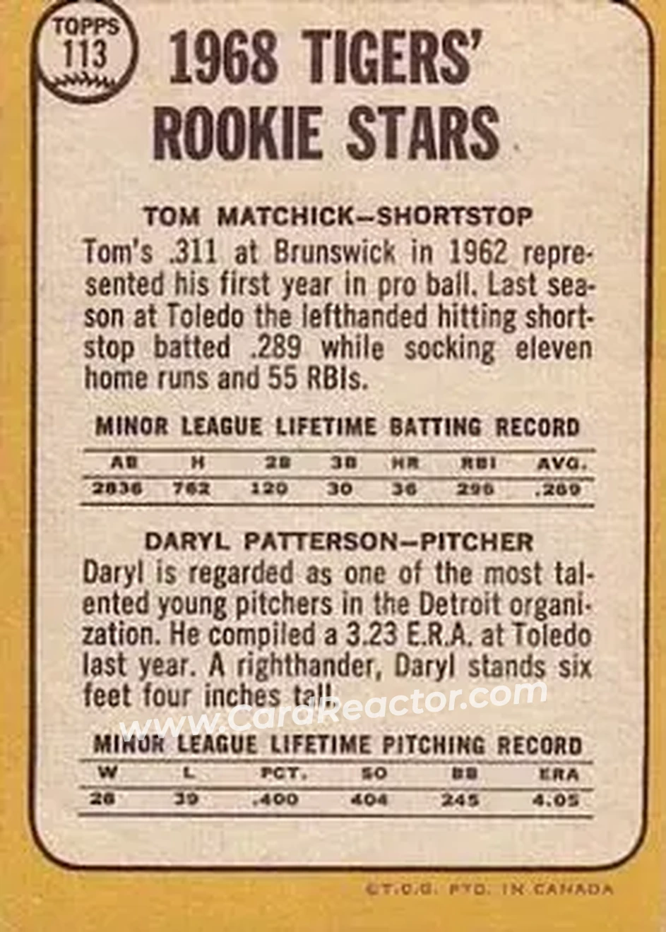 1968 O-Pee-Chee #113 - Tigers 1968 Rookie Stars (Tom Matchick - Daryl Patterson) RS, RC - Detroit Tigers - Detroit Tigers - Back