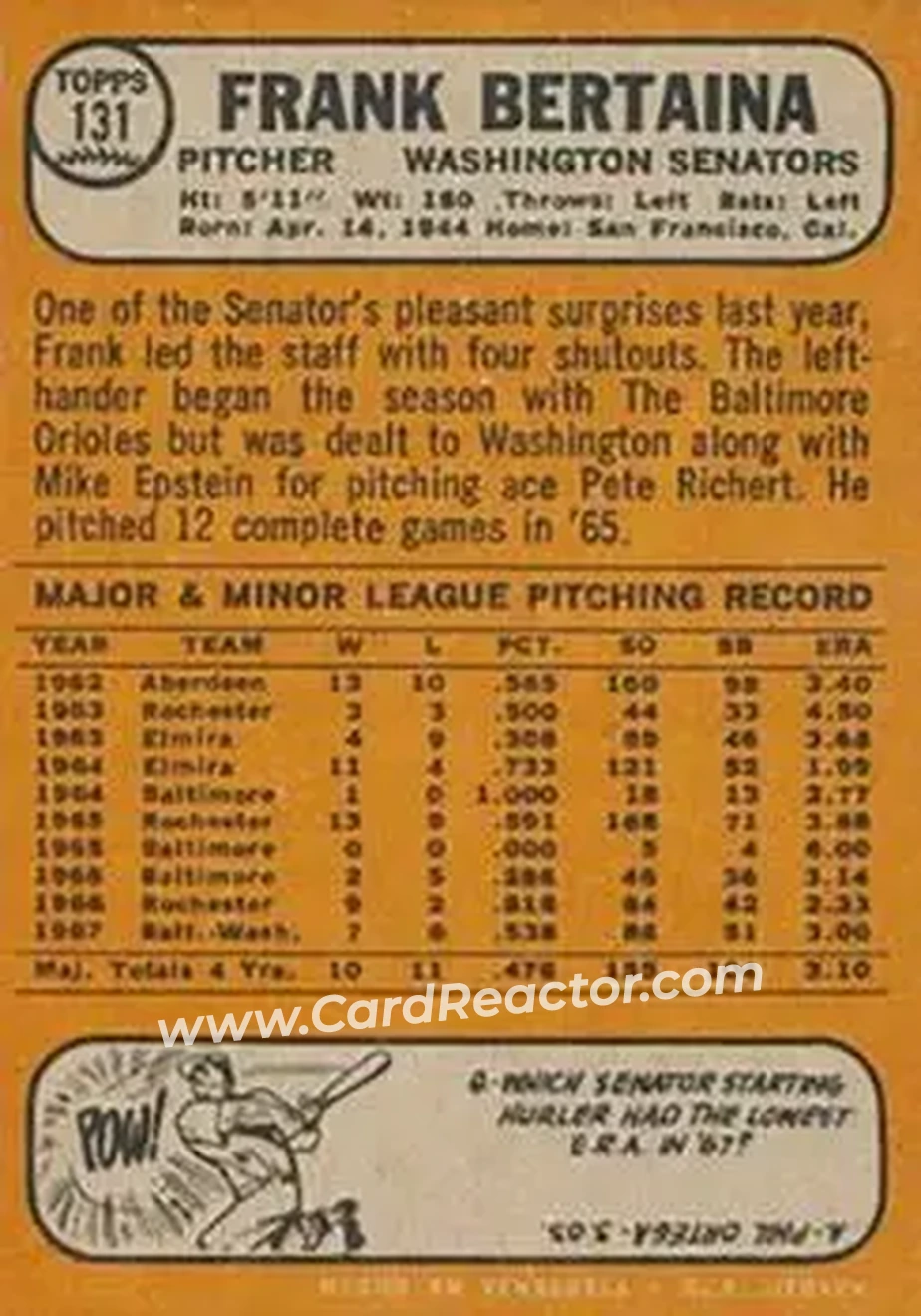 1968 Topps Venezuelan #131 - Frank Bertaina - Washington Senators - Back
