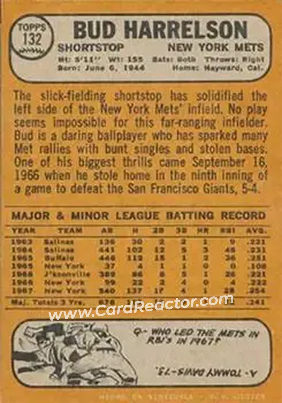 1968 Topps Venezuelan #132 - Bud Harrelson - New York Mets - Back 1968 Topps Venezuelan #132 - Bud Harrelson - New York Mets - Back