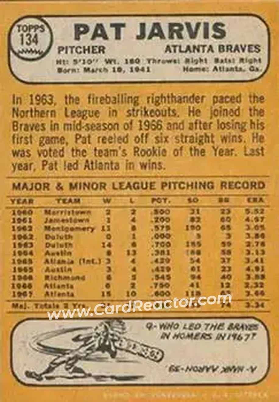 1968 Topps Venezuelan #134 - Pat Jarvis - Atlanta Braves - Back