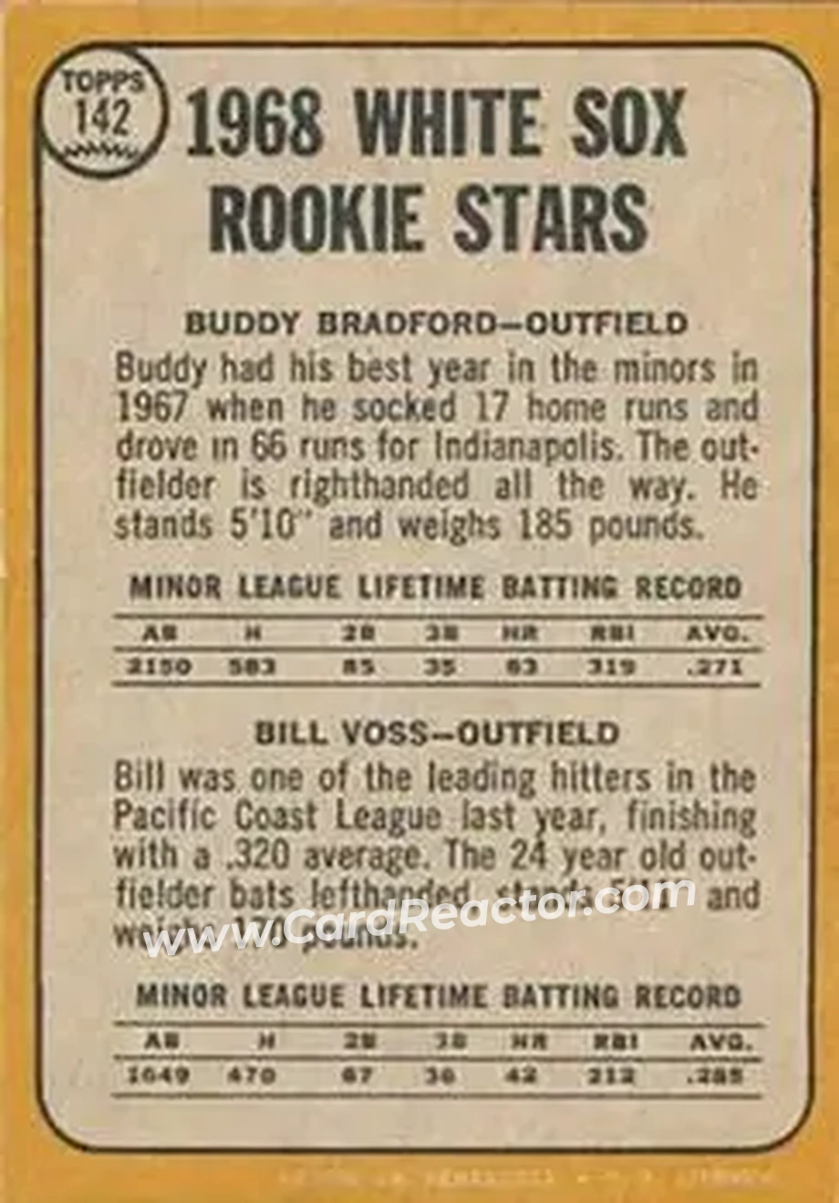 1968 Topps Venezuelan #142 - White Sox 1968 Rookie Stars (Buddy Bradford - Bill Voss) RS, RC - Chicago White Sox - Chicago White Sox - Back 1968 Topps Venezuelan #142 - White Sox 1968 Rookie Stars (Buddy Bradford - Bill Voss) RS, RC - Chicago White Sox - Chicago White Sox - Back