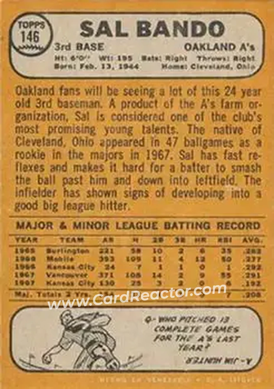 1968 Topps Venezuelan #146 - Sal Bando - Oakland Athletics - Back