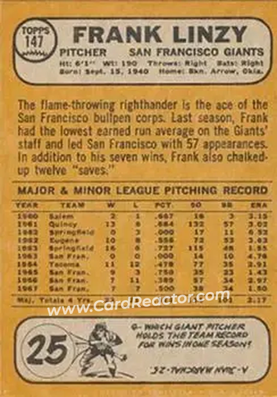 1968 Topps Venezuelan #147 - Frank Linzy - San Francisco Giants - Back 1968 Topps Venezuelan #147 - Frank Linzy - San Francisco Giants - Back