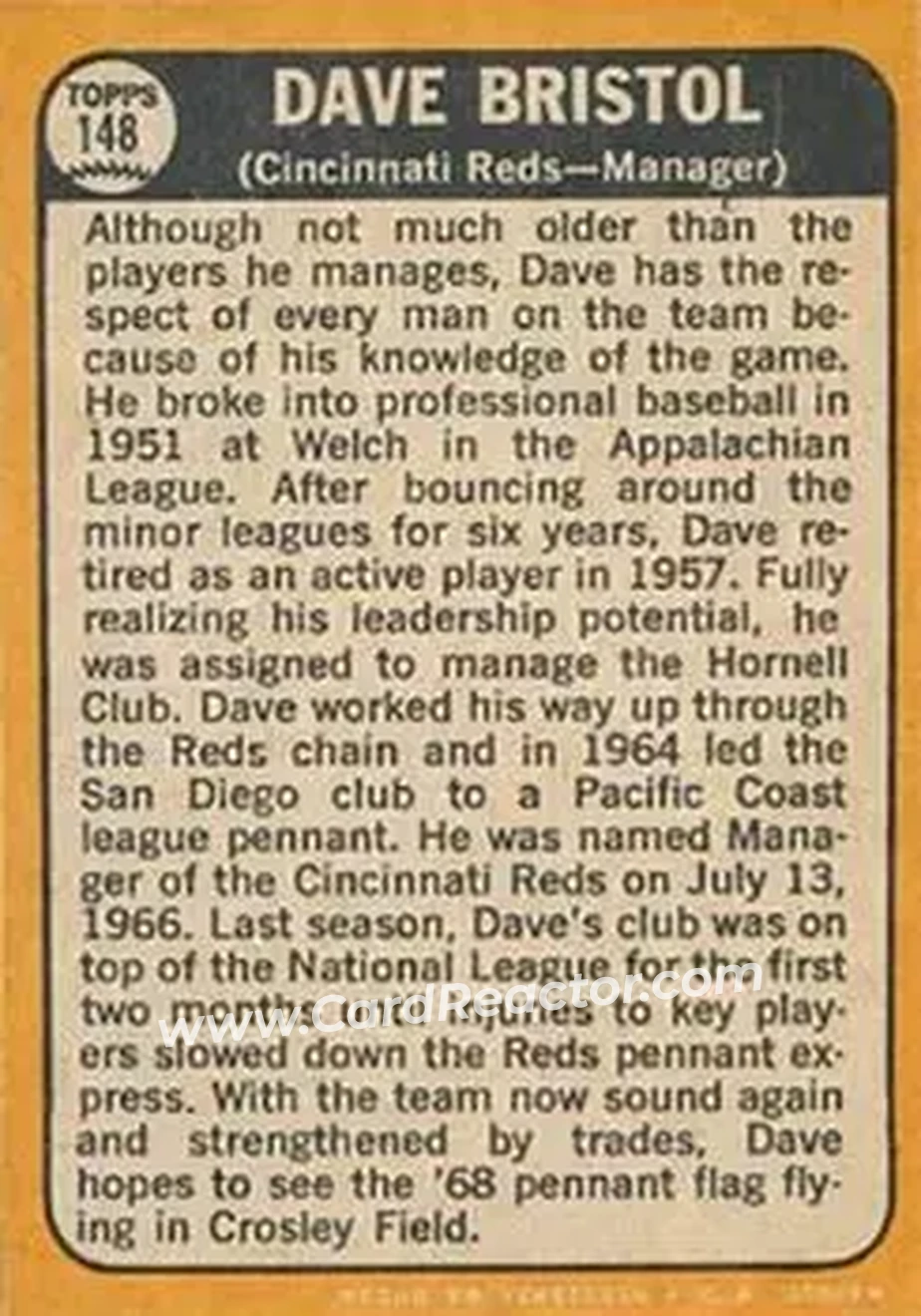 1968 Topps Venezuelan #148 - Dave Bristol - Cincinnati Reds - Back 1968 Topps Venezuelan #148 - Dave Bristol - Cincinnati Reds - Back