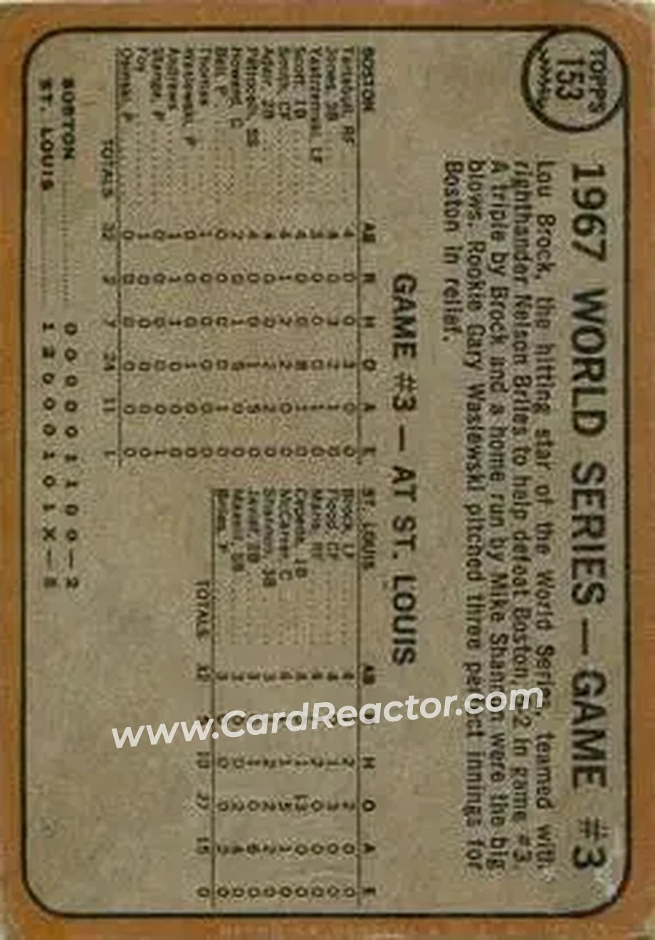 1968 Topps Venezuelan #153 - World Series Game #3 - Briles Cools Off Boston WS - St. Louis Cardinals - Boston Red Sox - Back 1968 Topps Venezuelan #153 - World Series Game #3 - Briles Cools Off Boston WS - St. Louis Cardinals - Boston Red Sox - Back