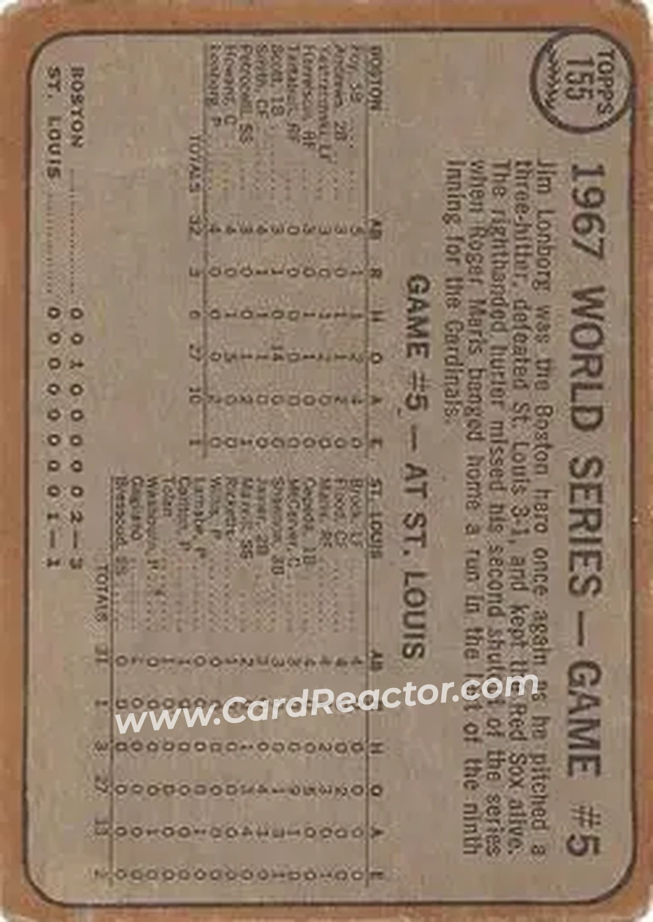 1968 Topps Venezuelan #155 - World Series Game #5 - Lonborg Wins Again! WS - Boston Red Sox - St. Louis Cardinals - Back