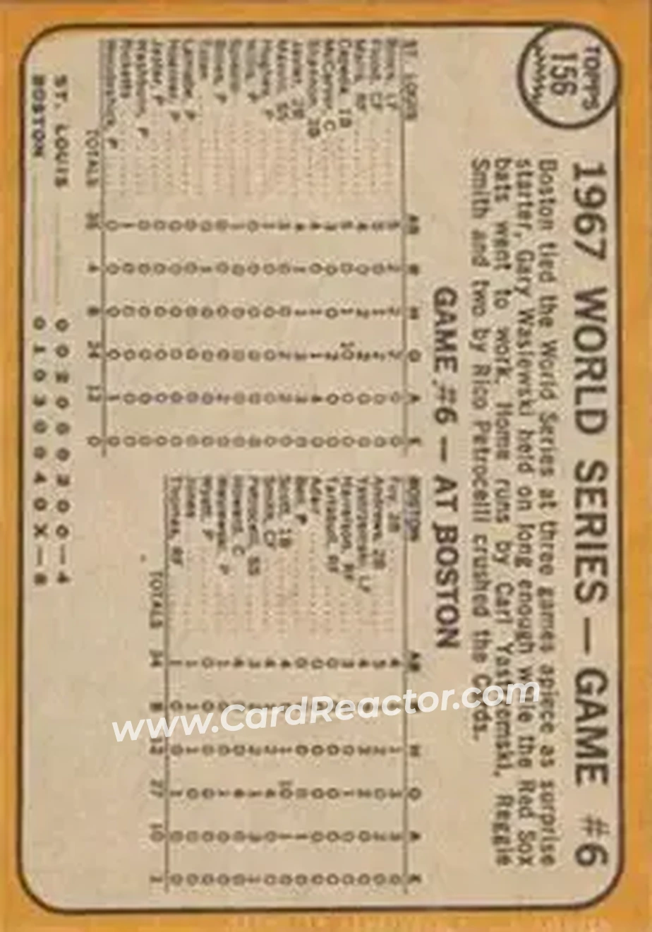1968 Topps Venezuelan #156 - World Series Game #6 - Petrocelli Socks Two Homers WS - Boston Red Sox - St. Louis Cardinals - Back 1968 Topps Venezuelan #156 - World Series Game #6 - Petrocelli Socks Two Homers WS - Boston Red Sox - St. Louis Cardinals - Back