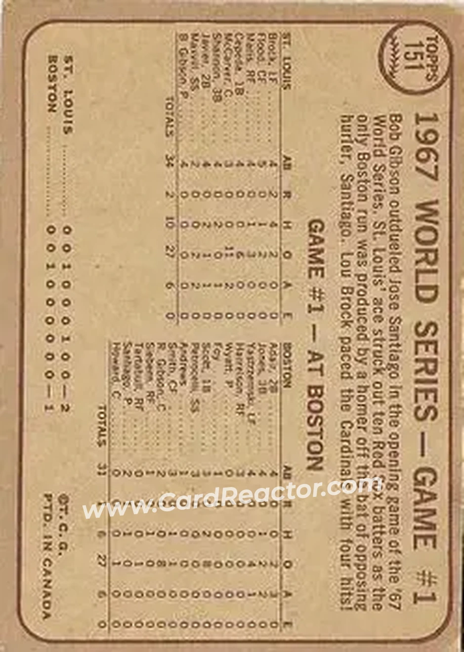 1968 O-Pee-Chee #151 - World Series Game #1 - Brock Socks 4-Hits in Opener WS - St. Louis Cardinals - St. Louis Cardinals - Back