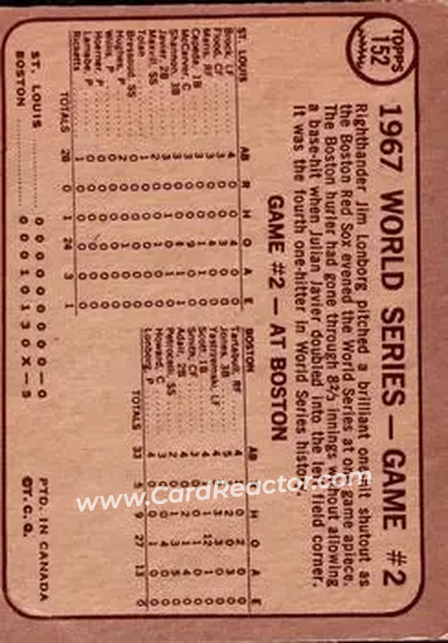 1968 O-Pee-Chee #152 - World Series Game #2 - Yaz Smashes Two Homers WS - Boston Red Sox - Boston Red Sox - Back 1968 O-Pee-Chee #152 - World Series Game #2 - Yaz Smashes Two Homers WS - Boston Red Sox - Boston Red Sox - Back