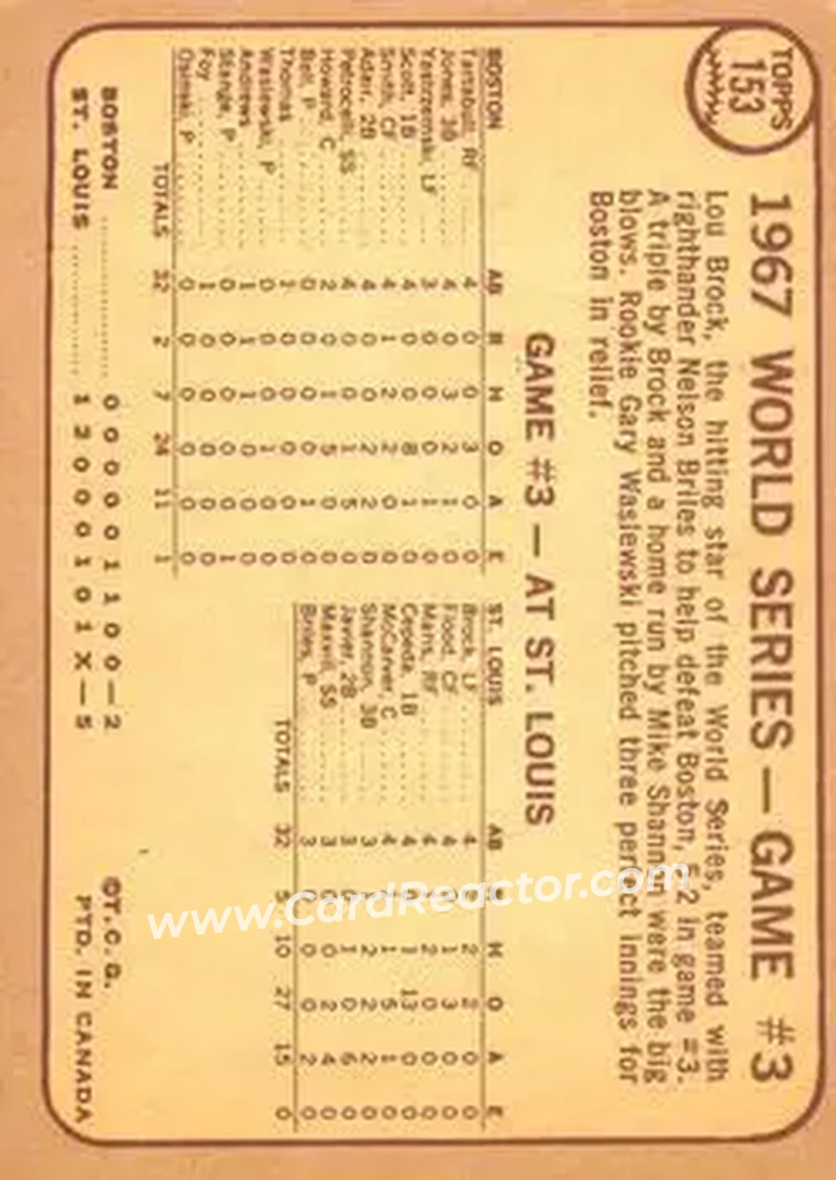 1968 O-Pee-Chee #153 - World Series Game #3 - Briles Cools Off Boston WS - St. Louis Cardinals - St. Louis Cardinals - Back