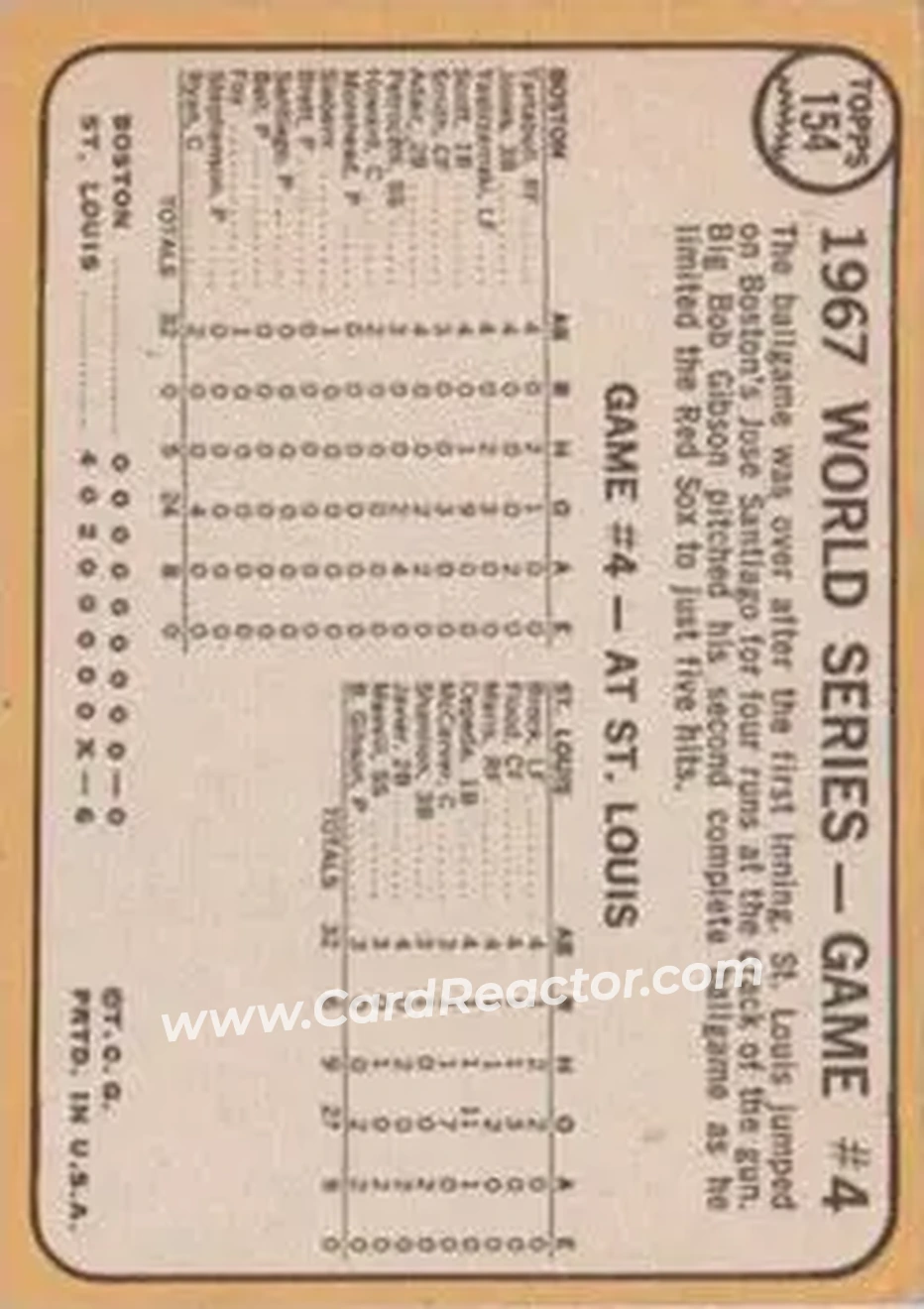 1968 O-Pee-Chee #154 - World Series Game #4 - Gibson Hurls Shutout! WS - St. Louis Cardinals - St. Louis Cardinals - Back 1968 O-Pee-Chee #154 - World Series Game #4 - Gibson Hurls Shutout! WS - St. Louis Cardinals - St. Louis Cardinals - Back