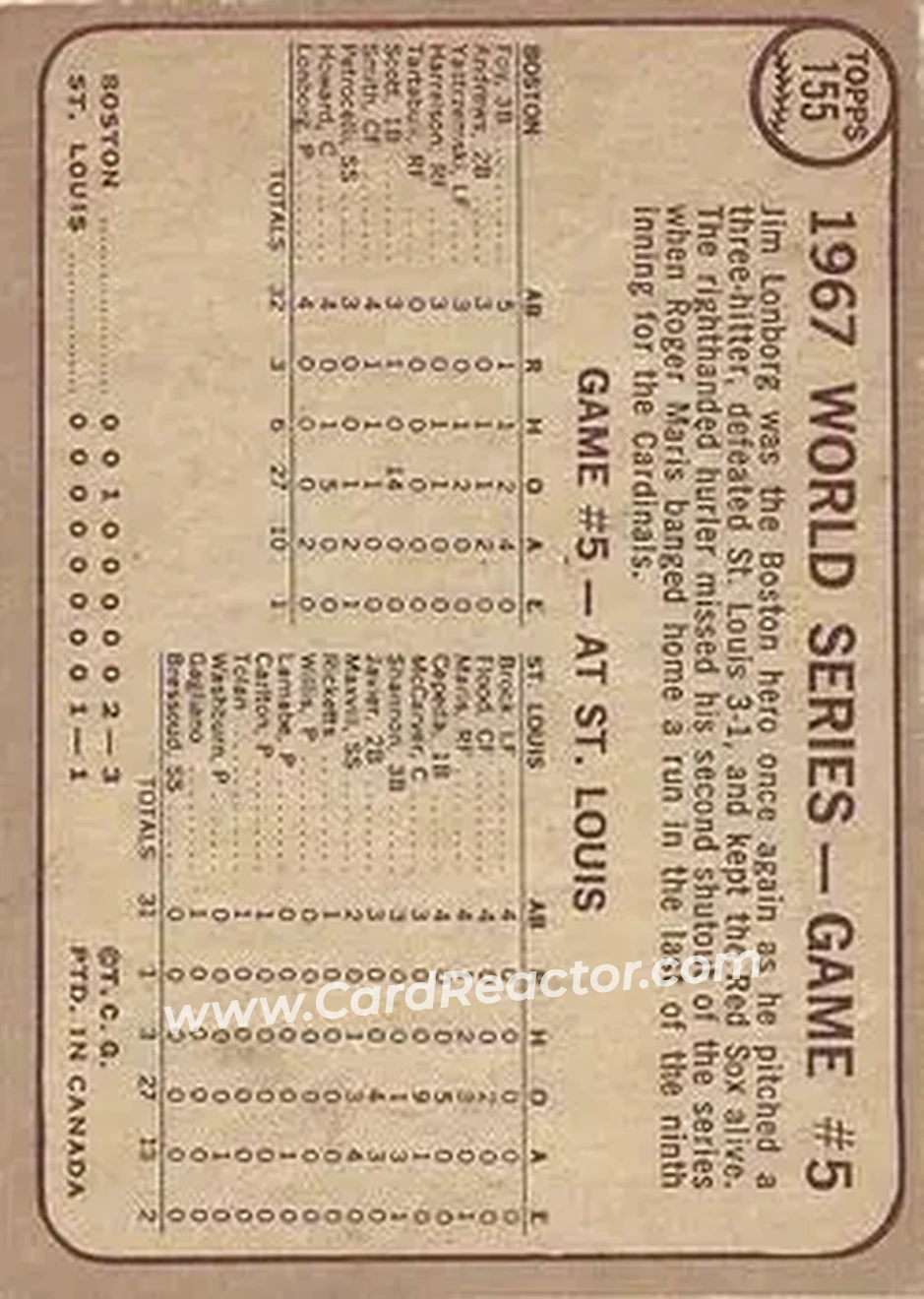 1968 O-Pee-Chee #155 - World Series Game #5 - Lonborg Wins Again! WS - Boston Red Sox - Boston Red Sox - Back 1968 O-Pee-Chee #155 - World Series Game #5 - Lonborg Wins Again! WS - Boston Red Sox - Boston Red Sox - Back