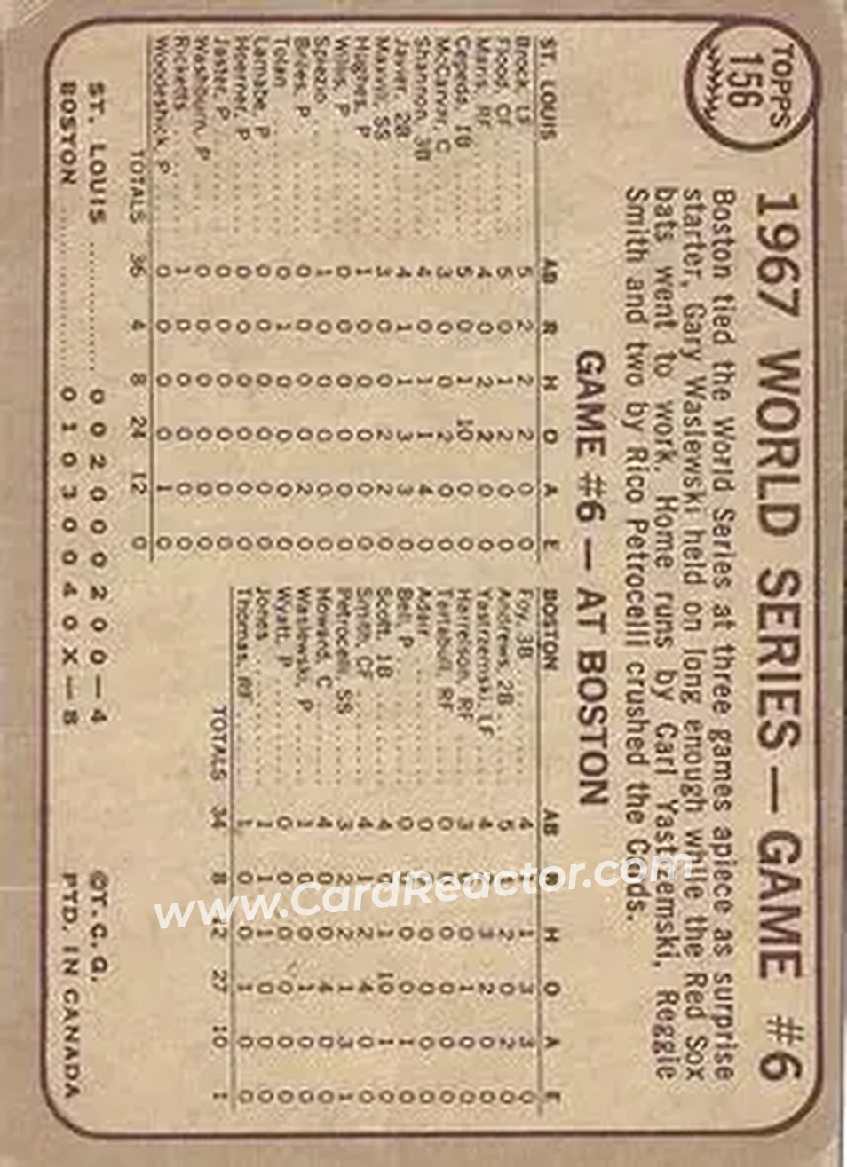 1968 O-Pee-Chee #156 - World Series Game #6 - Petrocelli Socks Two Homers WS - Boston Red Sox - Boston Red Sox - Back 1968 O-Pee-Chee #156 - World Series Game #6 - Petrocelli Socks Two Homers WS - Boston Red Sox - Boston Red Sox - Back