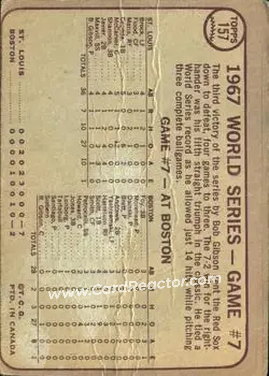 1968 O-Pee-Chee #157 - World Series Game #7 - St. Louis Wins It! WS - St. Louis Cardinals - St. Louis Cardinals - Back 1968 O-Pee-Chee #157 - World Series Game #7 - St. Louis Wins It! WS - St. Louis Cardinals - St. Louis Cardinals - Back