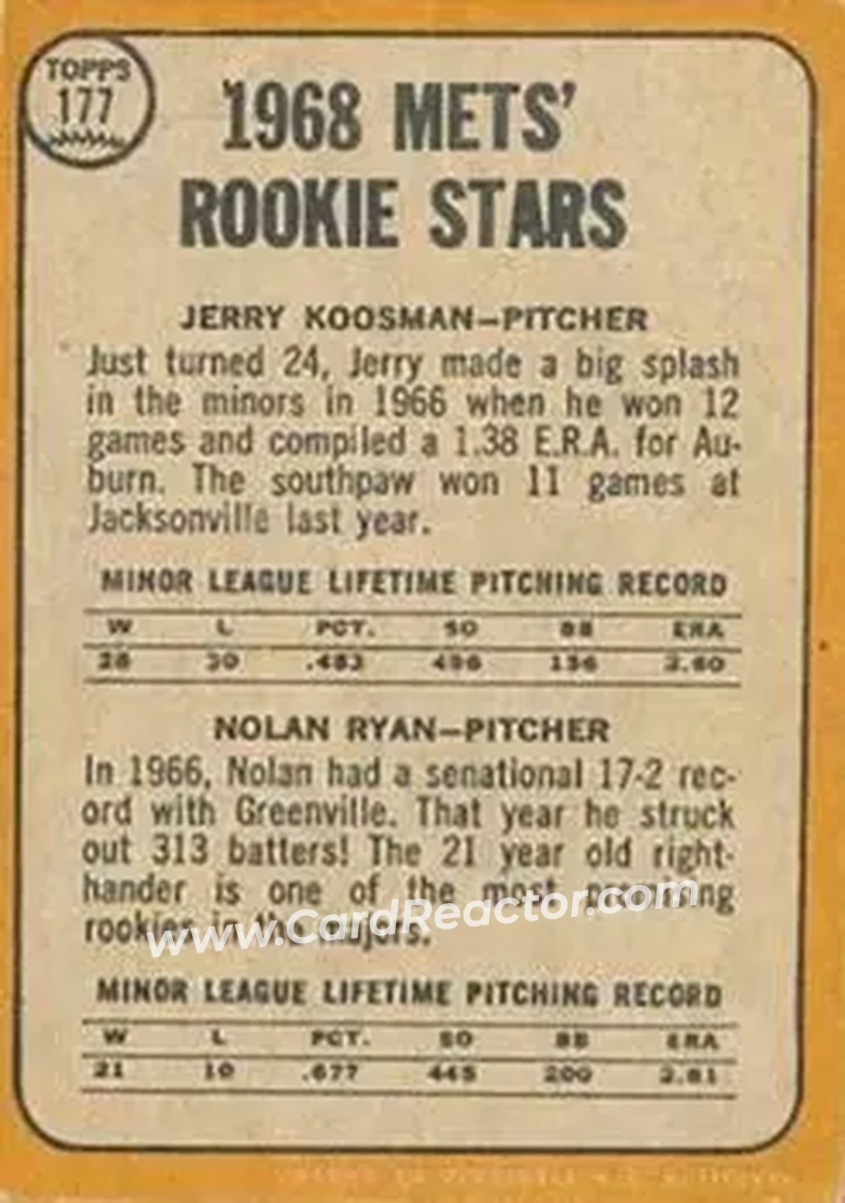 1968 Topps Venezuelan #177 - Mets 1968 Rookie Stars (Jerry Koosman - Nolan Ryan) RS, RC - New York Mets - New York Mets - Back