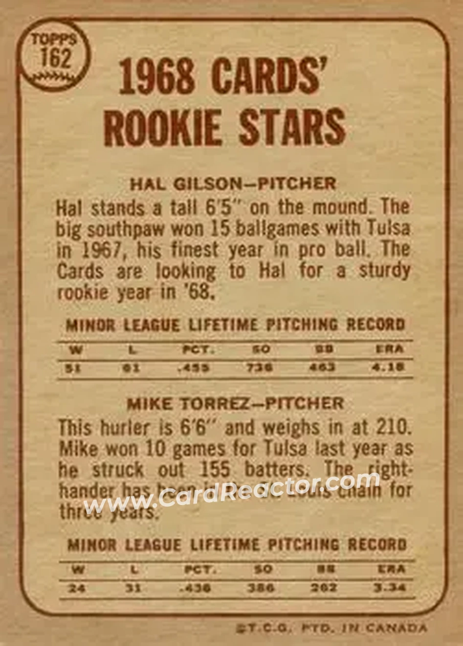 1968 O-Pee-Chee #162 - Cardinals 1968 Rookie Stars (Hal Gilson - Mike Torrez) RS, RC - St. Louis Cardinals - St. Louis Cardinals - Back