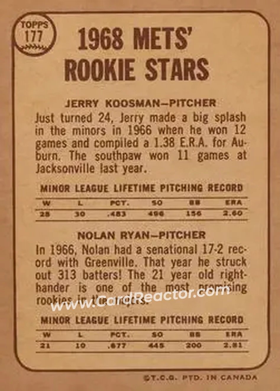 1968 O-Pee-Chee #177 - Mets 1968 Rookie Stars (Jerry Koosman - Nolan Ryan) RS, RC, UER - New York Mets - New York Mets - Back
