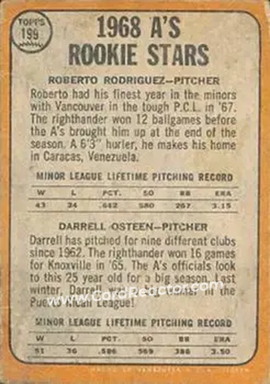 1968 Topps Venezuelan #199 - A's 1968 Rookie Stars (Roberto Rodriguez - Darrell Osteen) RS, RC - Oakland Athletics - Oakland Athletics - Back