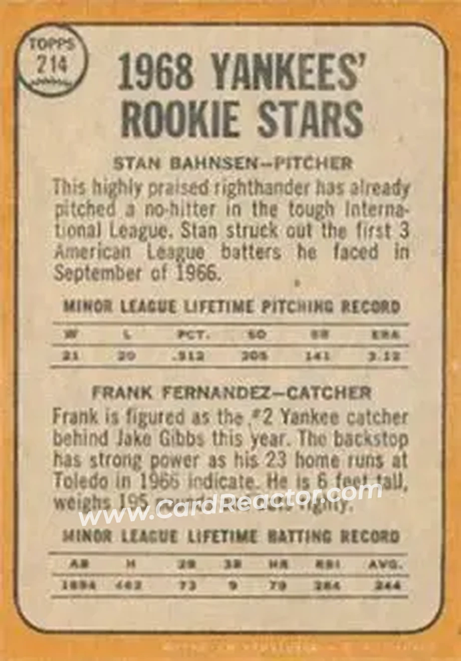 1968 Topps Venezuelan #214 - Yankees 1968 Rookie Stars (Stan Bahnsen - Frank Fernandez) RS - New York Yankees - New York Yankees - Back 1968 Topps Venezuelan #214 - Yankees 1968 Rookie Stars (Stan Bahnsen - Frank Fernandez) RS - New York Yankees - New York Yankees - Back