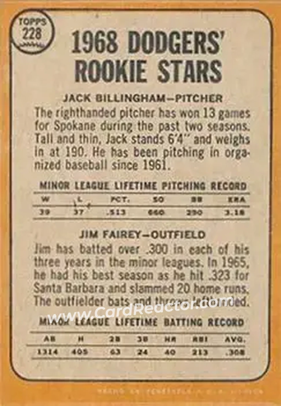 1968 Topps Venezuelan #228 - Dodgers 1968 Rookie Stars (Jack Billingham - Jim Fairey) RS, RC - Los Angeles Dodgers - Los Angeles Dodgers - Back