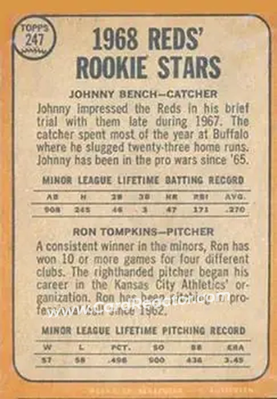 1968 Topps Venezuelan #247 - Reds 1968 Rookie Stars (Johnny Bench - Ron Tompkins) RS, RC - Cincinnati Reds - Cincinnati Reds - Back 1968 Topps Venezuelan #247 - Reds 1968 Rookie Stars (Johnny Bench - Ron Tompkins) RS, RC - Cincinnati Reds - Cincinnati Reds - Back