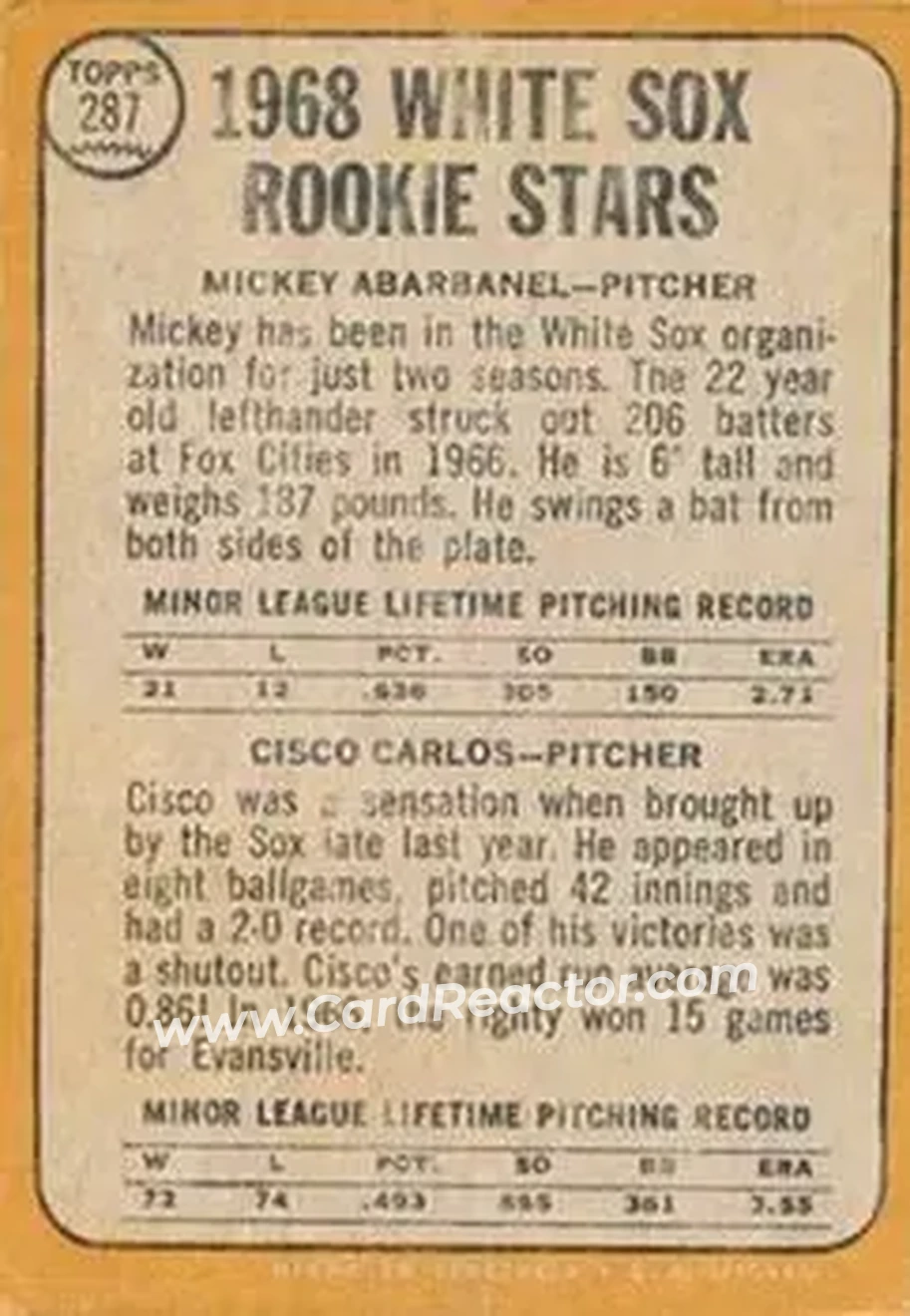 1968 Topps Venezuelan #287 - White Sox 1968 Rookie Stars (Mickey Abarbanel - Cisco Carlos) RS, RC - Chicago White Sox - Chicago White Sox - Back