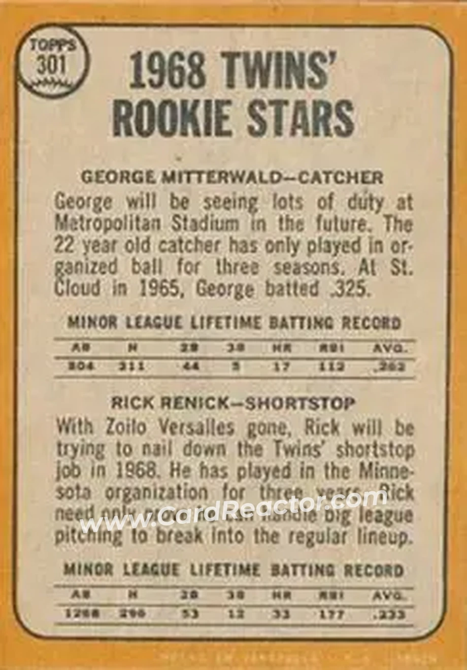 1968 Topps Venezuelan #301 - Twins 1968 Rookie Stars (George Mitterwald - Rick Renick) RS - Minnesota Twins - Minnesota Twins - Back 1968 Topps Venezuelan #301 - Twins 1968 Rookie Stars (George Mitterwald - Rick Renick) RS - Minnesota Twins - Minnesota Twins - Back