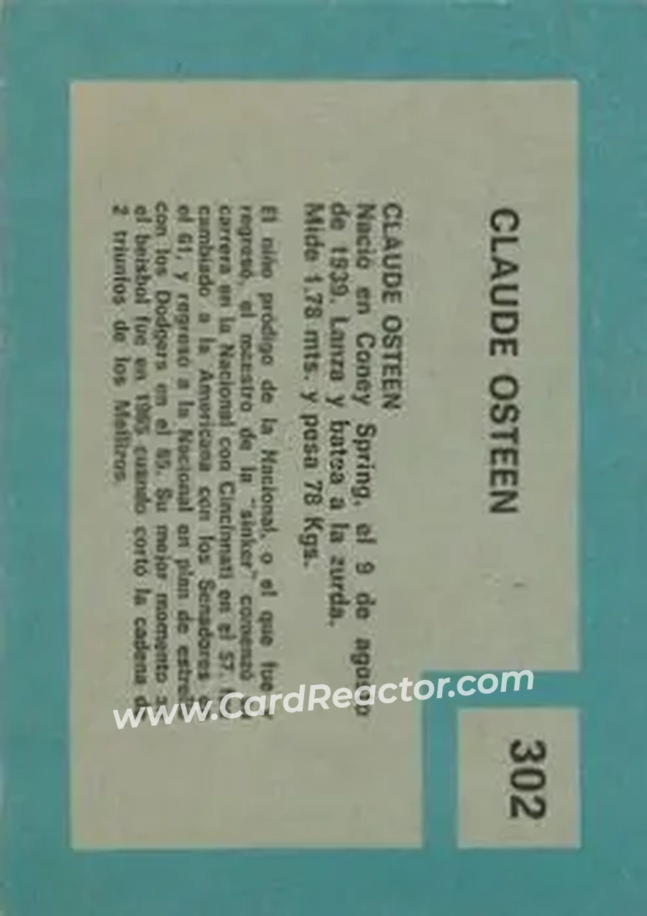 1967 Topps Venezuelan #302 - Claude Osteen - Los Angeles Dodgers - Back