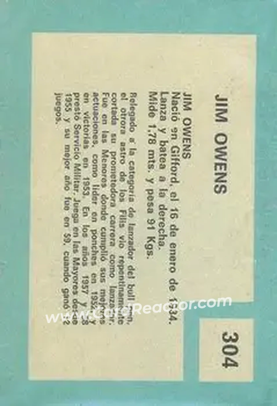 1967 Topps Venezuelan #304 - Jim Owens - Houston Astros - Back 1967 Topps Venezuelan #304 - Jim Owens - Houston Astros - Back