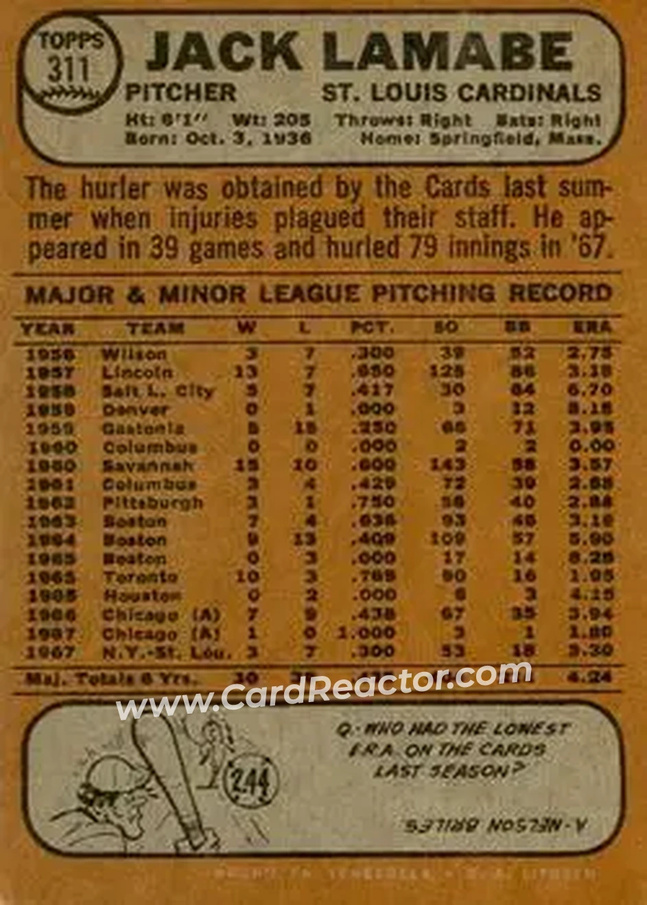 1968 Topps Venezuelan #311 - Jack Lamabe - St. Louis Cardinals - Back