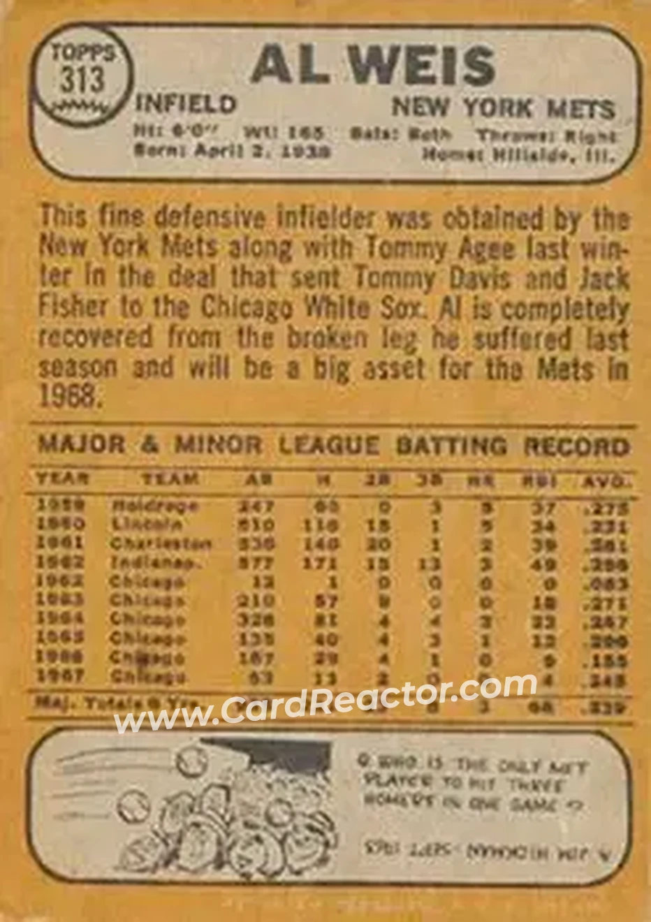 1968 Topps Venezuelan #313 - Al Weis - New York Mets - Back 1968 Topps Venezuelan #313 - Al Weis - New York Mets - Back