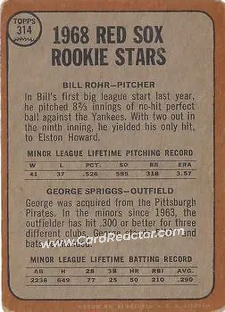 1968 Topps Venezuelan #314 - Red Sox 1968 Rookie Stars (Bill Rohr - George Spriggs) RS - Boston Red Sox - Boston Red Sox - Back