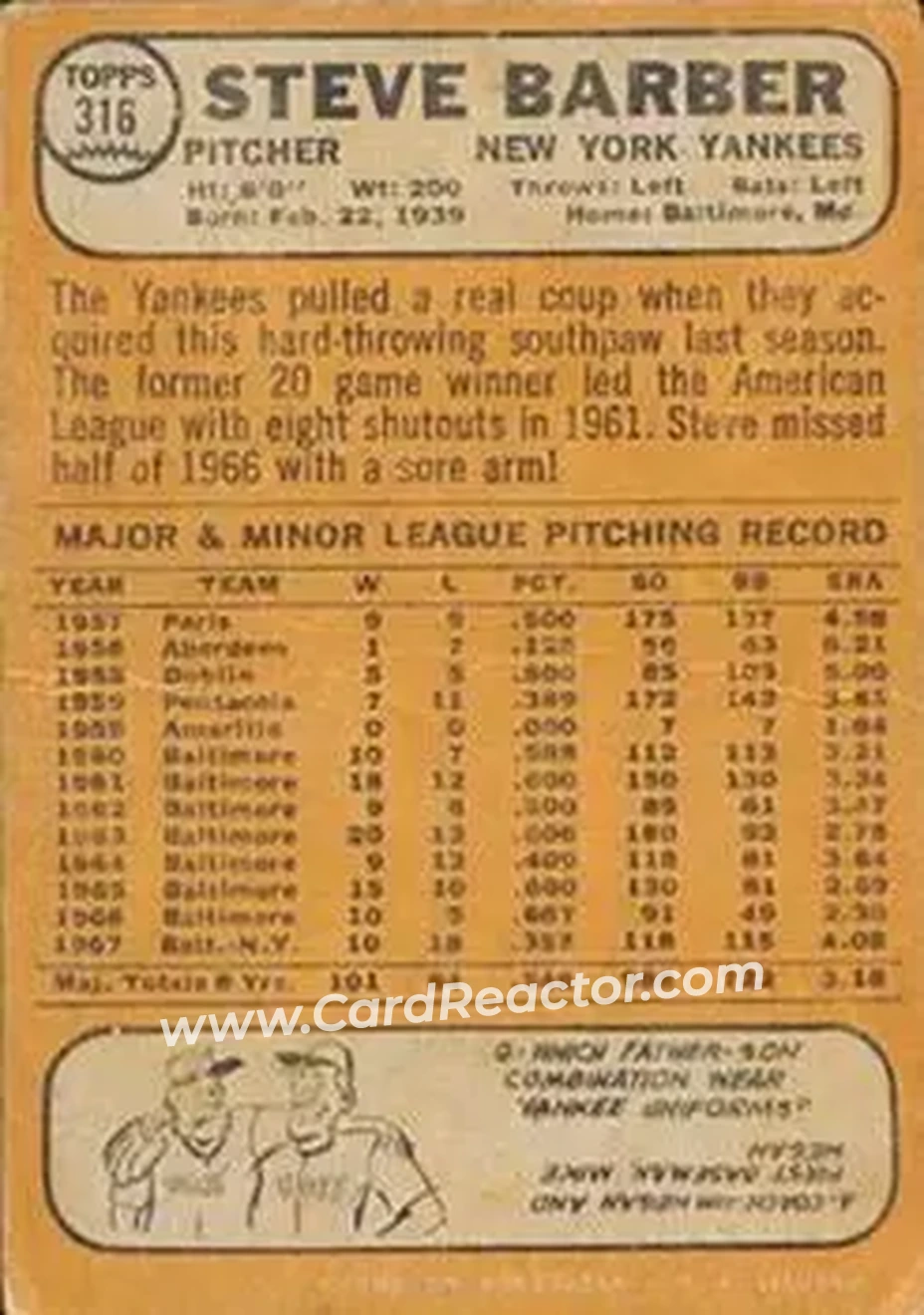 1968 Topps Venezuelan #316 - Steve Barber - New York Yankees - Back