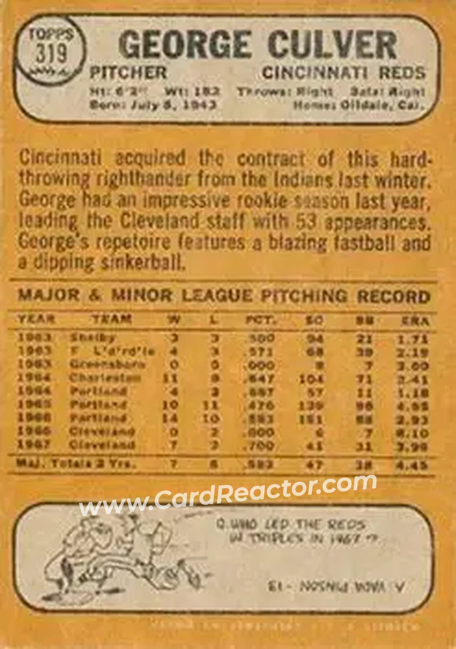 1968 Topps Venezuelan #319 - George Culver - Cincinnati Reds - Back 1968 Topps Venezuelan #319 - George Culver - Cincinnati Reds - Back
