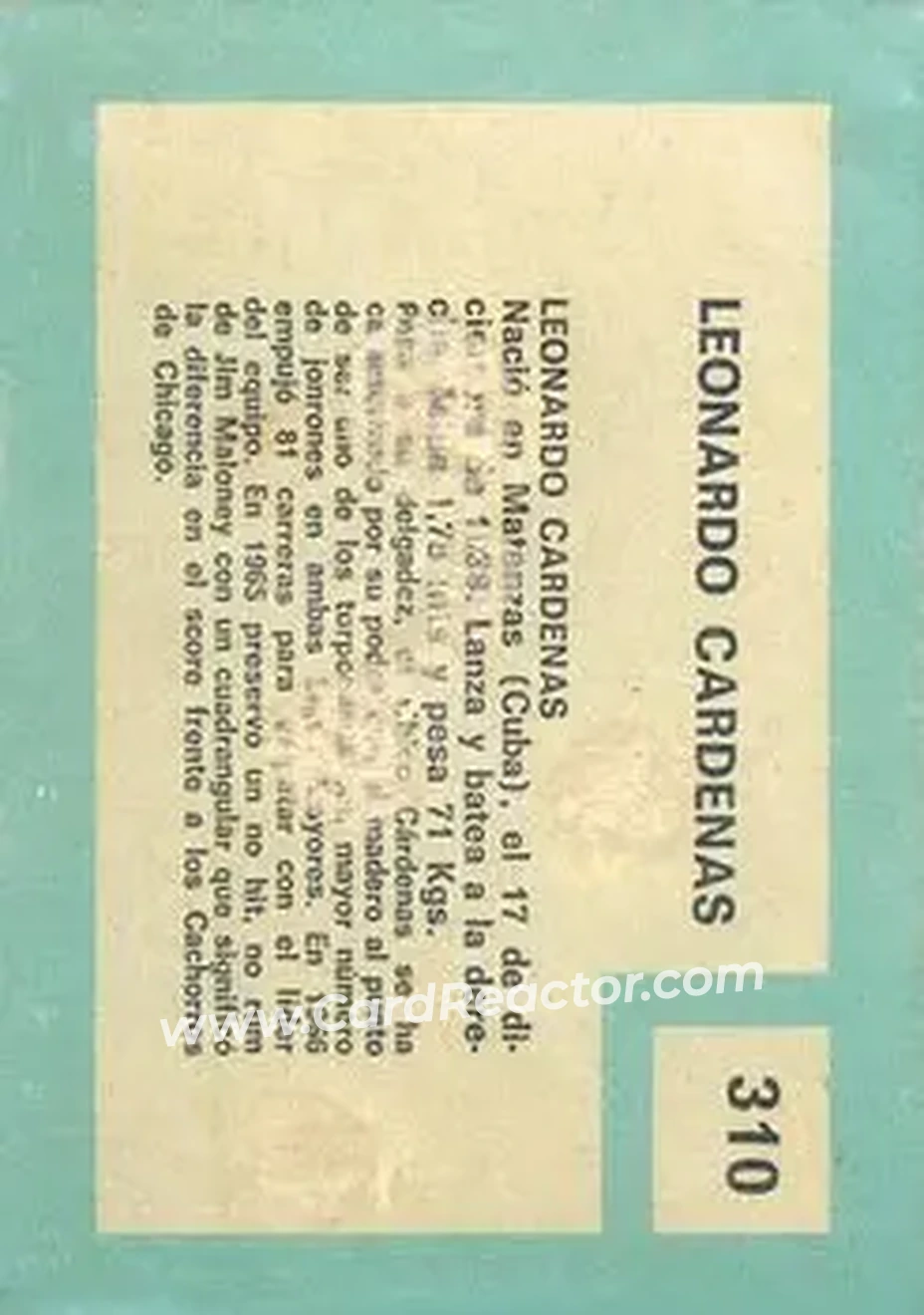 1967 Topps Venezuelan #310 - Chico Cardenas - Cincinnati Reds - Back 1967 Topps Venezuelan #310 - Chico Cardenas - Cincinnati Reds - Back