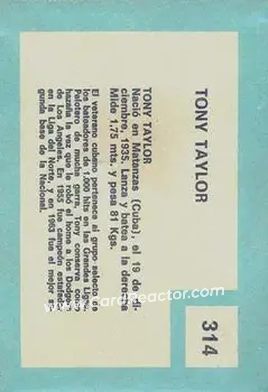 1967 Topps Venezuelan #314 - Tony Taylor - Philadelphia Phillies - Back 1967 Topps Venezuelan #314 - Tony Taylor - Philadelphia Phillies - Back