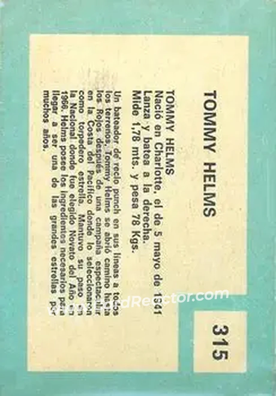 1967 Topps Venezuelan #315 - Tommy Helms - Cincinnati Reds - Back 1967 Topps Venezuelan #315 - Tommy Helms - Cincinnati Reds - Back