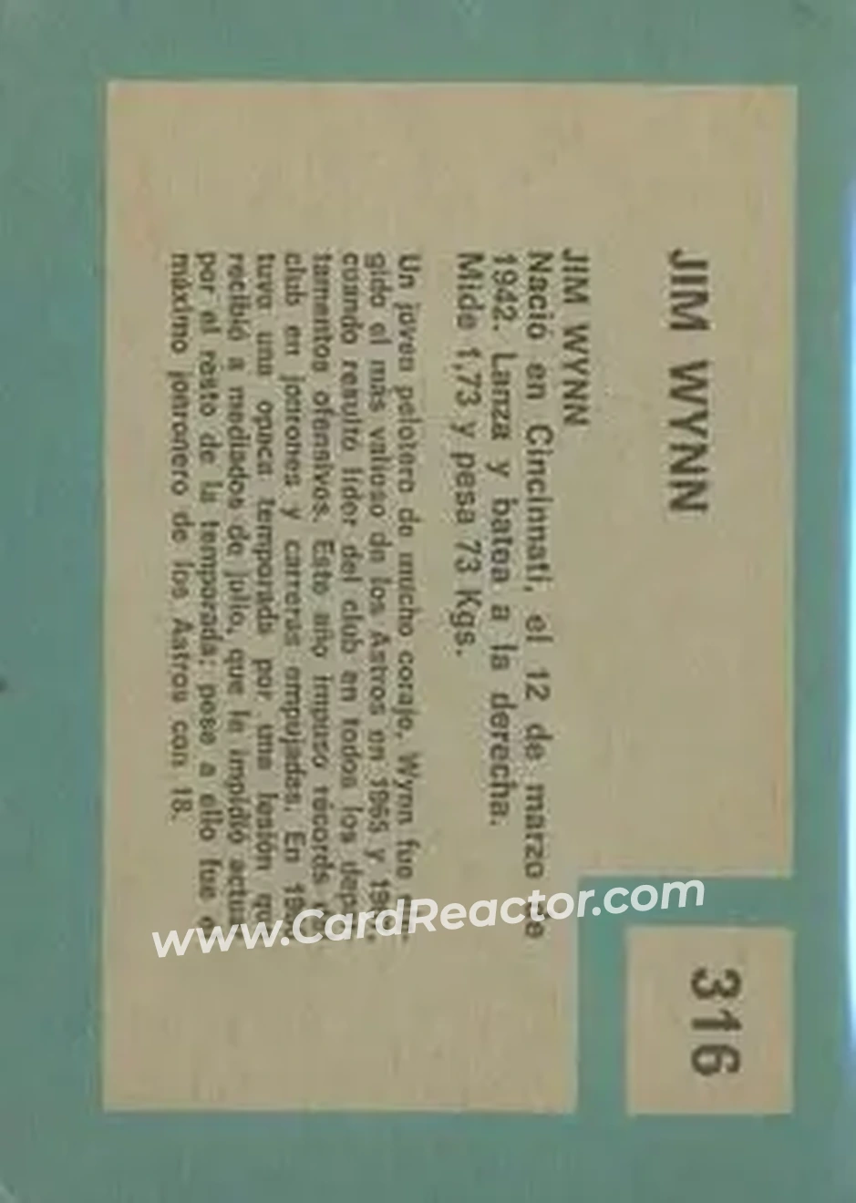 1967 Topps Venezuelan #316 - Jim Wynn - Houston Astros - Back 1967 Topps Venezuelan #316 - Jim Wynn - Houston Astros - Back