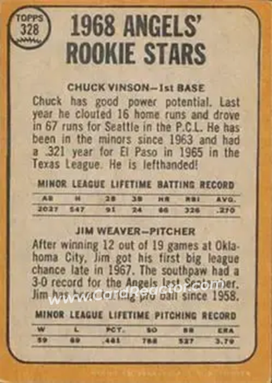 1968 Topps Venezuelan #328 - Angels 1968 Rookie Stars (Chuck Vinson - Jim Weaver) RS, RC - California Angels - California Angels - Back