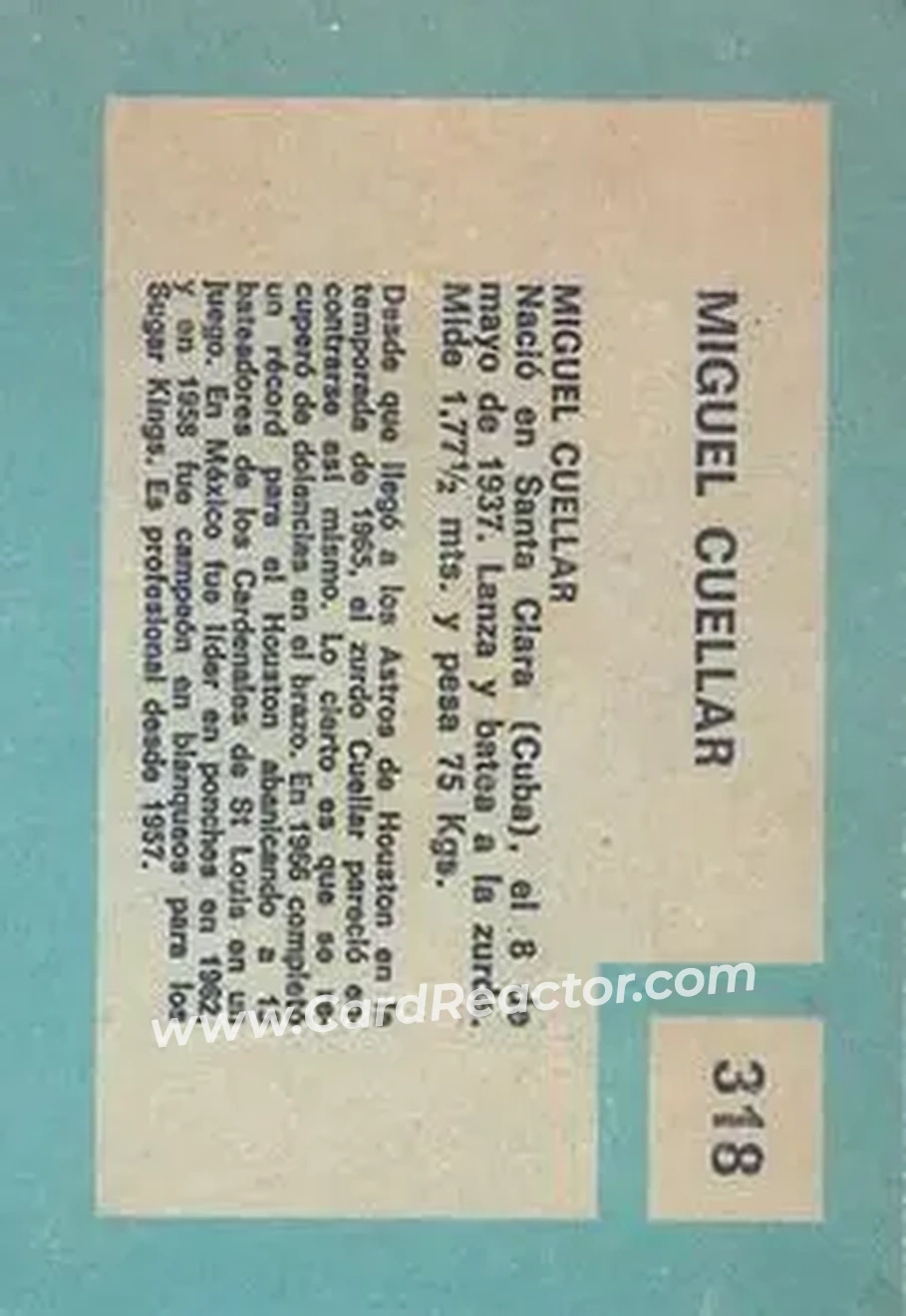 1967 Topps Venezuelan #318 - Mike Cuellar - Houston Astros - Back