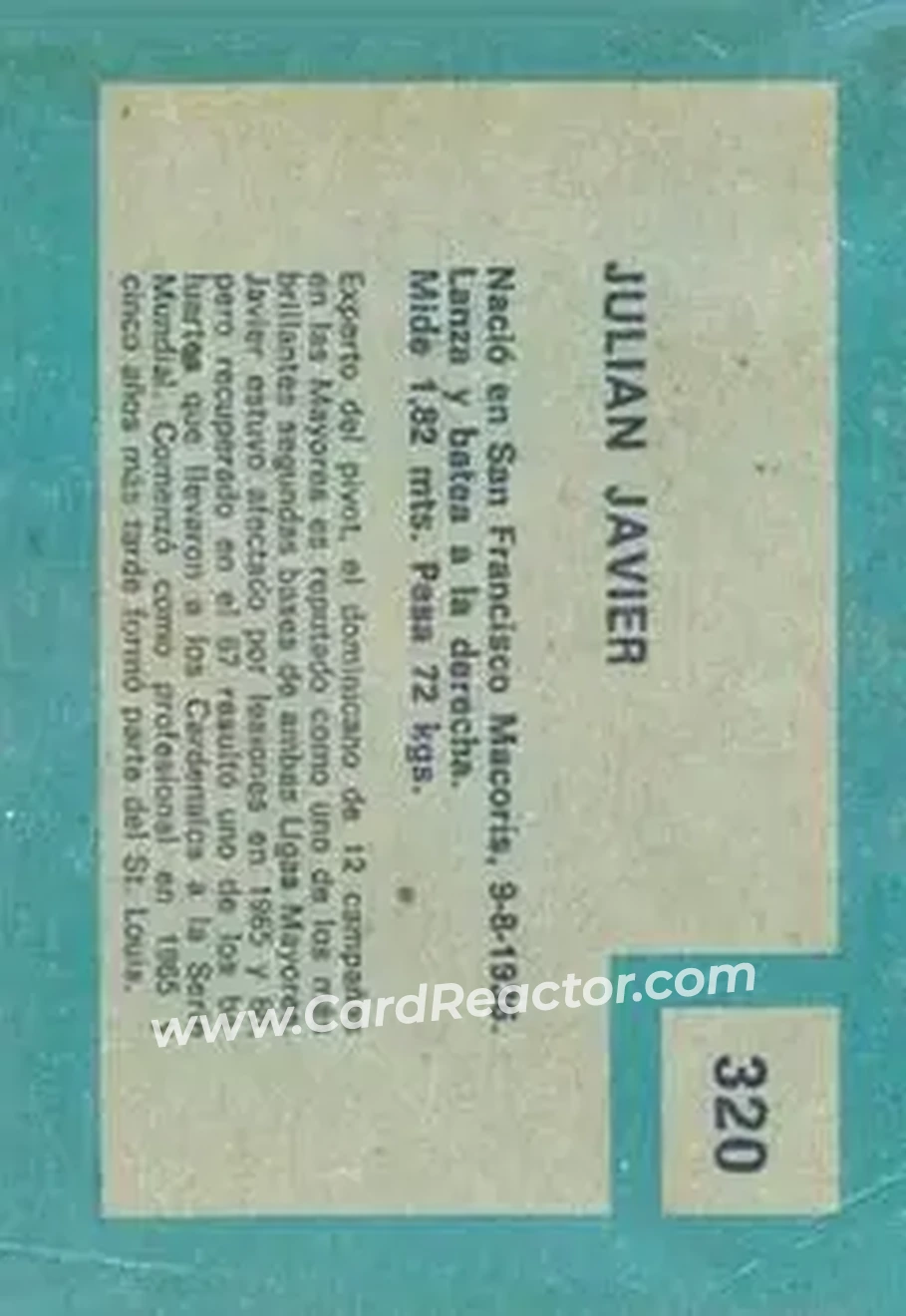 1967 Topps Venezuelan #320 - Julian Javier - St. Louis Cardinals - Back
