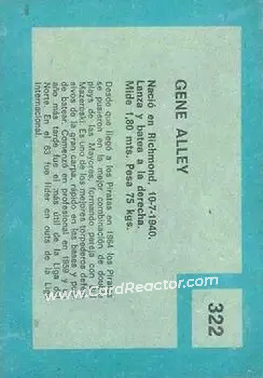 1967 Topps Venezuelan #322 - Gene Alley - Pittsburgh Pirates - Back