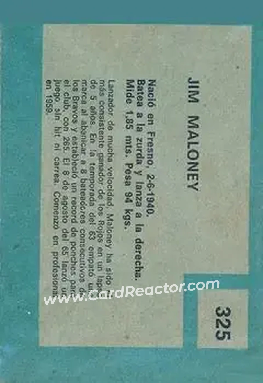 1967 Topps Venezuelan #325 - Jim Maloney - Cincinnati Reds - Back 1967 Topps Venezuelan #325 - Jim Maloney - Cincinnati Reds - Back