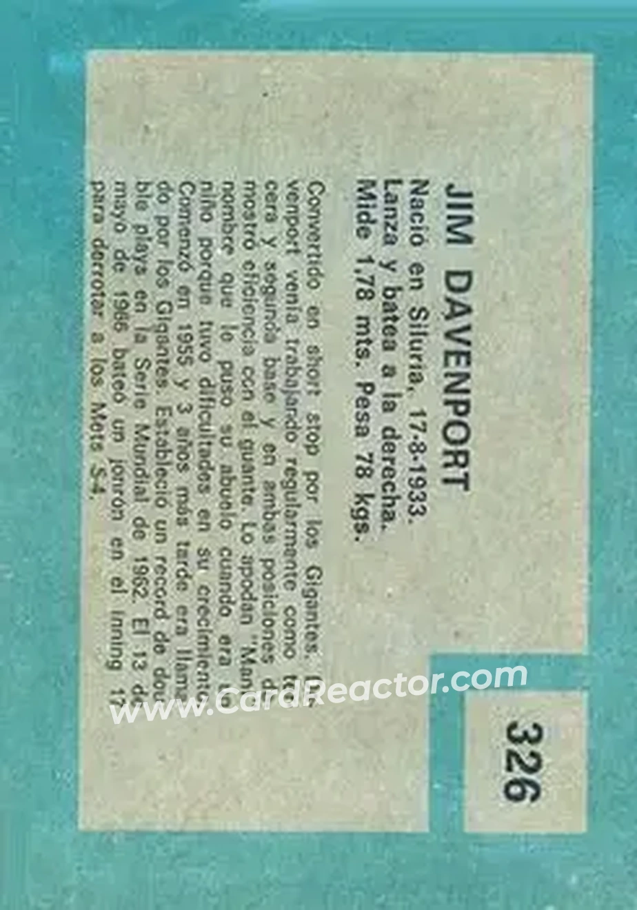 1967 Topps Venezuelan #326 - Jim Davenport - San Francisco Giants - Back 1967 Topps Venezuelan #326 - Jim Davenport - San Francisco Giants - Back