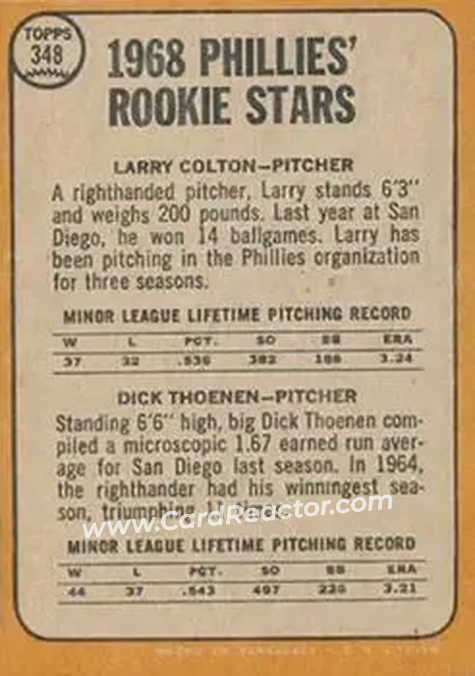 1968 Topps Venezuelan #348 - Phillies 1968 Rookie Stars (Larry Colton - Dick Thoenen) RS, RC - Philadelphia Phillies - Philadelphia Phillies - Back
