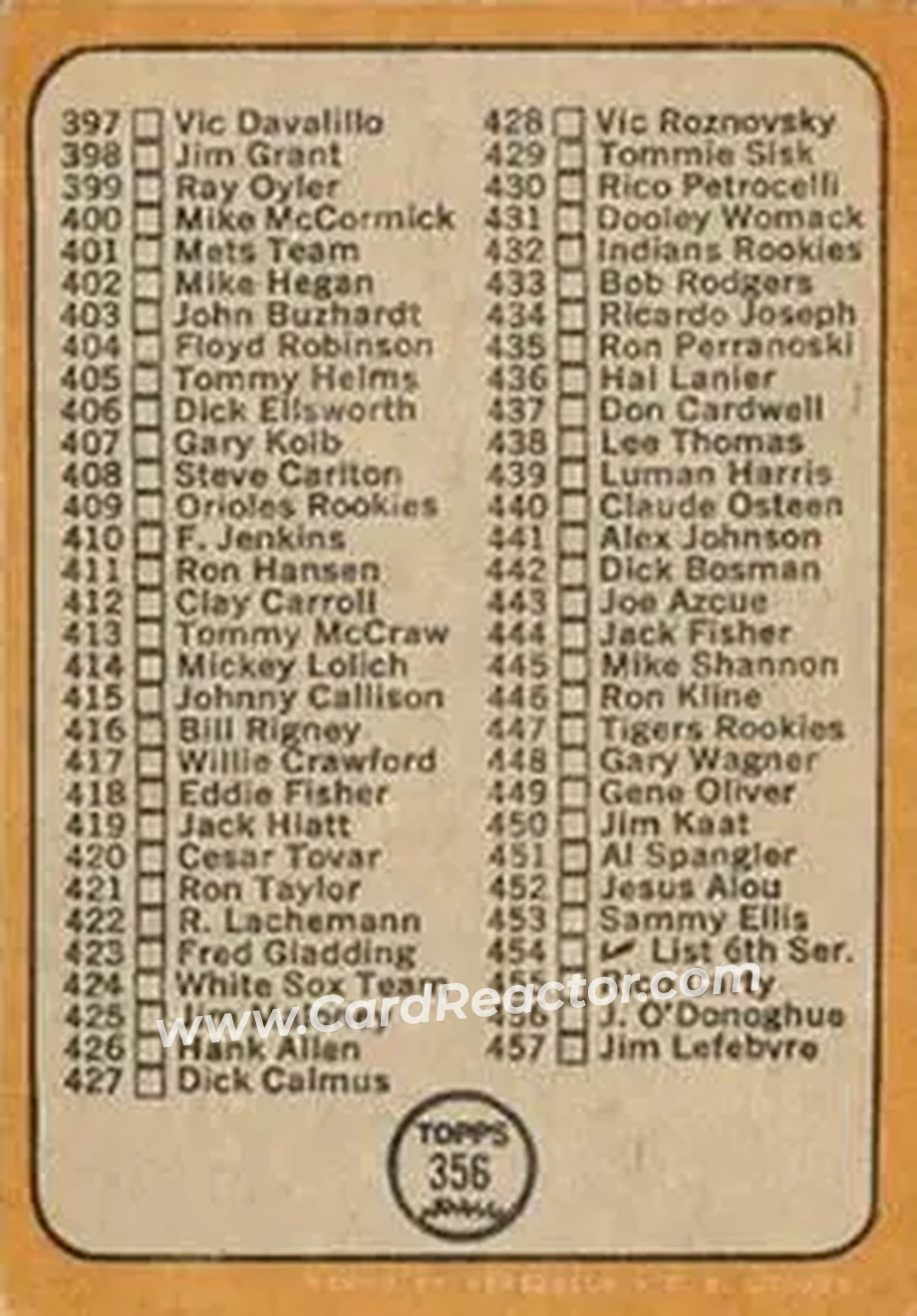 1968 Topps Venezuelan #356 - 5th Series Checklist 371-457 (Ken Holtzman) CL - Chicago Cubs - Chicago Cubs - Back