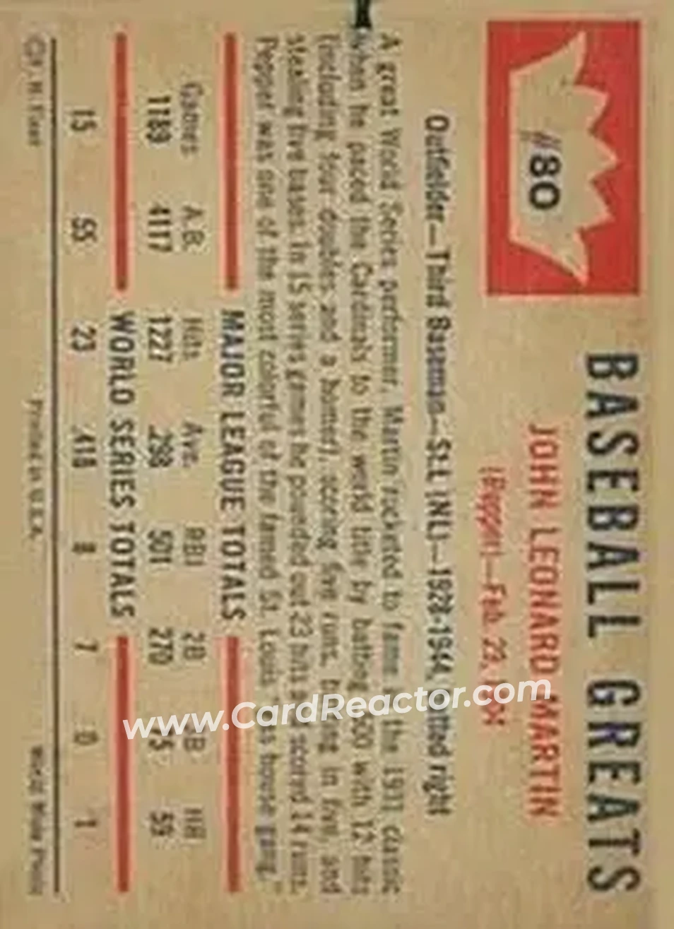 1960 Fleer Baseball Greats #80 - Eddie Collins - Pepper Martin SP, VAR - Philadelphia Athletics - Philadelphia Athletics - Back 1960 Fleer Baseball Greats #80 - Eddie Collins - Pepper Martin SP, VAR - Philadelphia Athletics - Philadelphia Athletics - Back